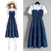Modisches Band Fake Zweiteiler Kleid Block Sommer Kurzärmeliges Kleid Damen Taillenbetontes Kleid