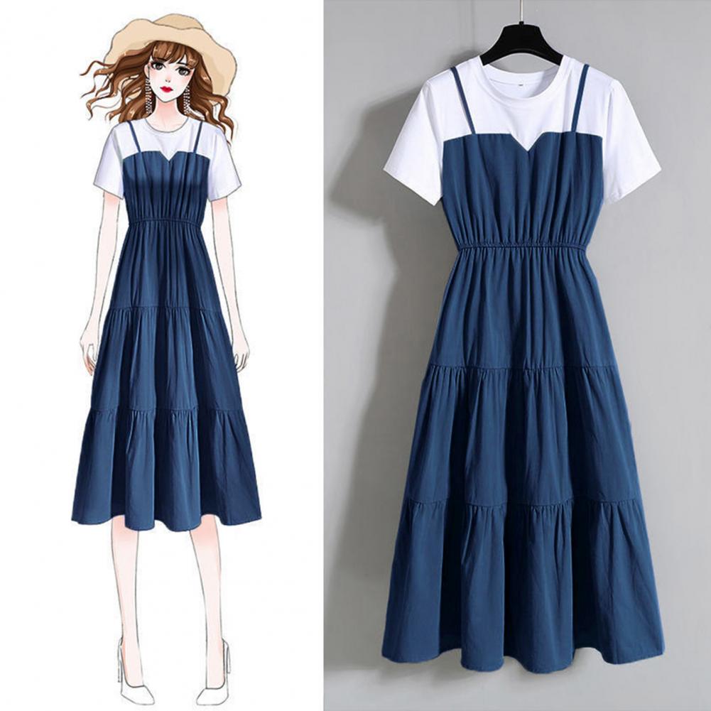 Modisches Band Fake Zweiteiler Kleid Block Sommer Kurzärmeliges Kleid Damen Taillenbetontes Kleid