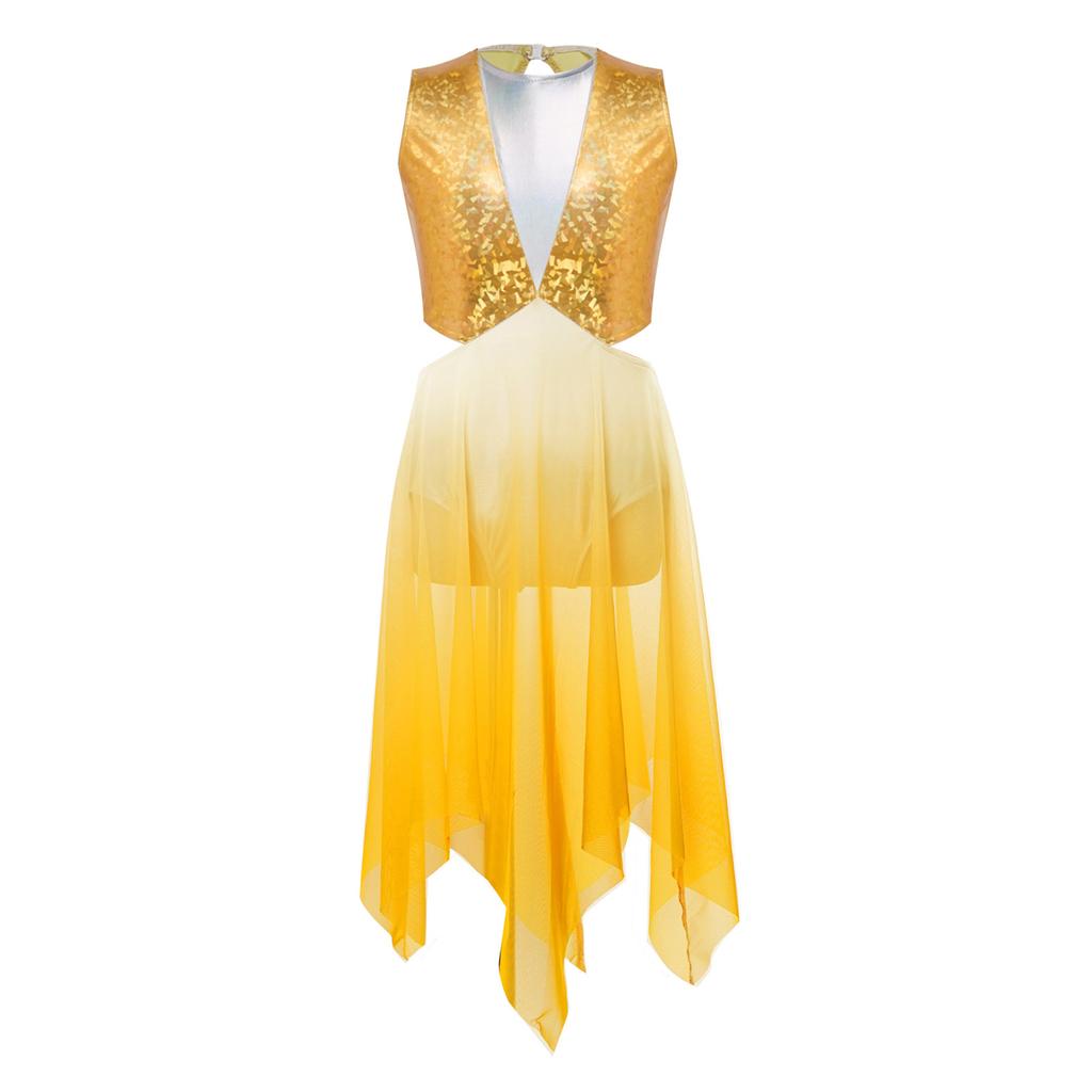 Sleeveless Keyhole Back Dress with Metallic Bodice Cutout Waist Asymmetrical Gradient Mesh for Girls Lyrical Dance Competition