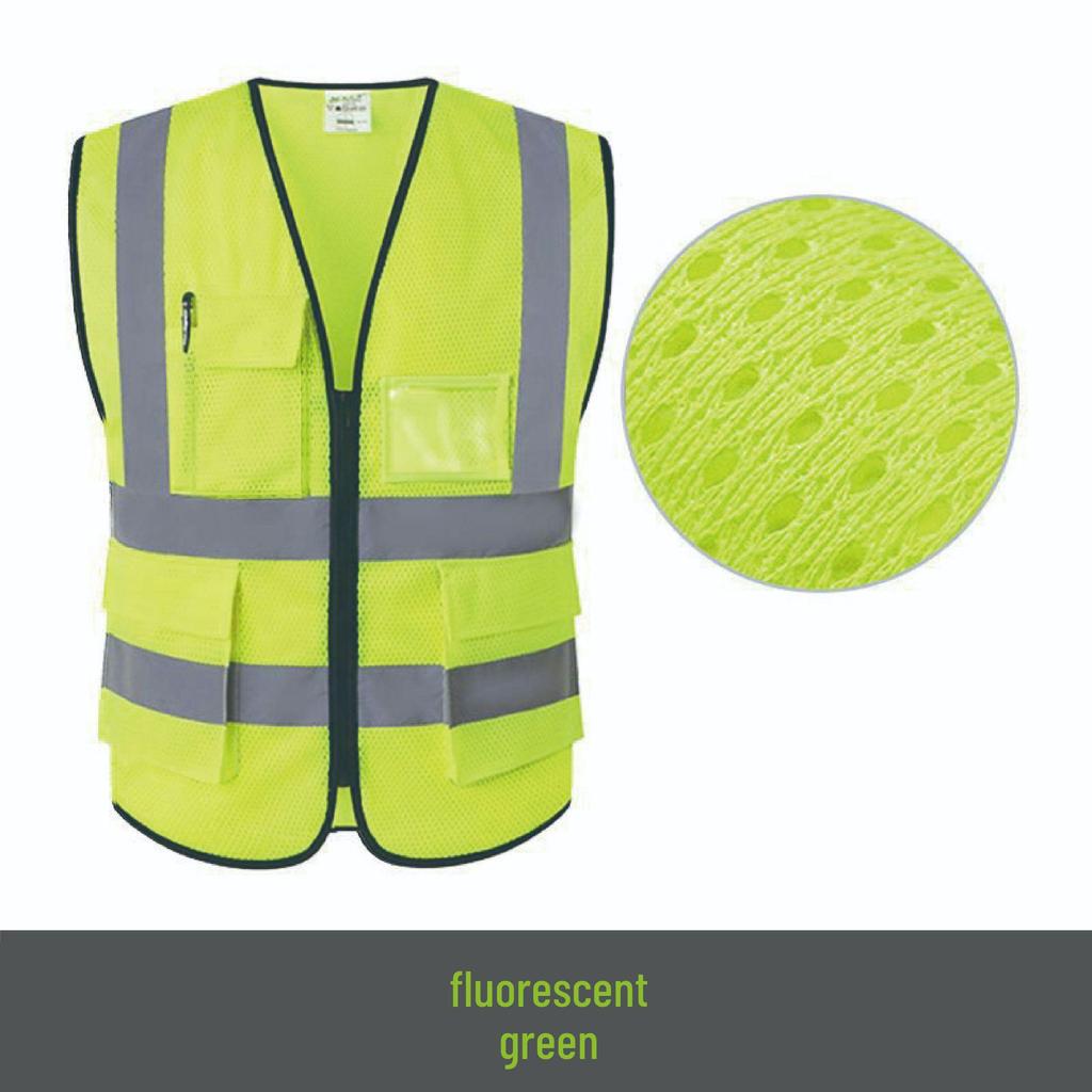 Fluorescent Mesh Safety Vest with Reflective Strips and Multi-Pocket Design