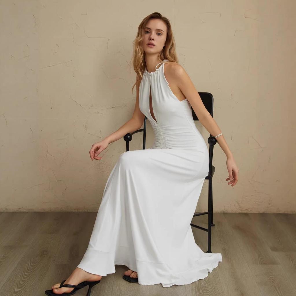2026 European & American Fashion Pleated Slimming Solid Color Summer Maxi Dress for Women
