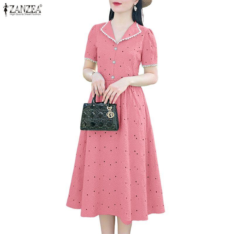 ZANZEA Women Casual Turn Down Collar Summer Patchwork Crochet Short Sleeve Dress