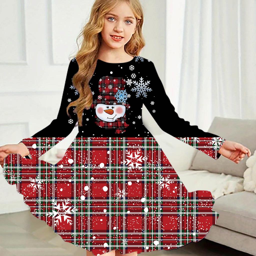 Girl Casual Snowflake Print Round Neck Long Sleeve Dress Kid Princess Dress