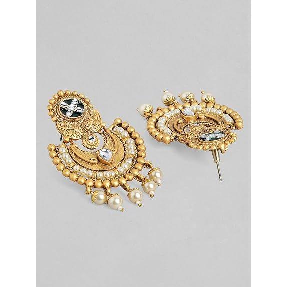 Gold-Plated Handcrafted Artificial Traditional Jewelry Set-Ruby/Kundan Stones & Pearl Beaded Multistrand with Matching Earrings For Women and Girls