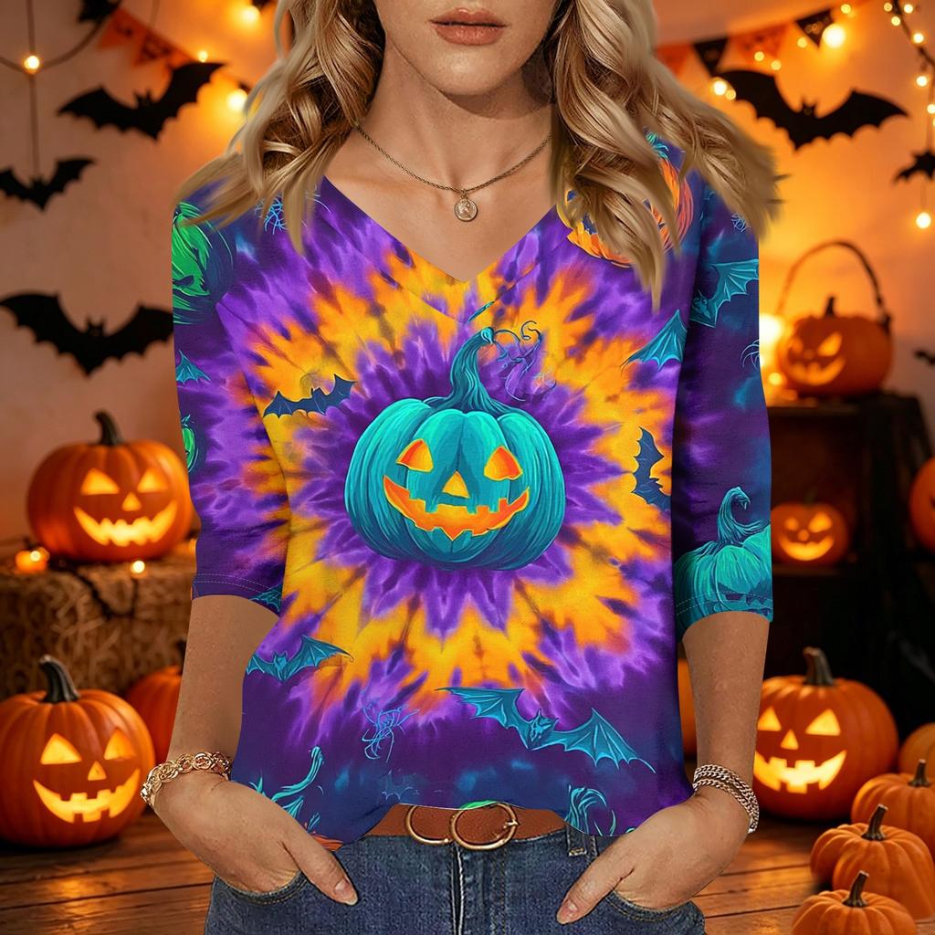Women's Casual Halloween Printed V Neck Three Quarter Sleeve Top Tie Dye Pumpkin Bat Pattern Lightweight Blouse for Fall