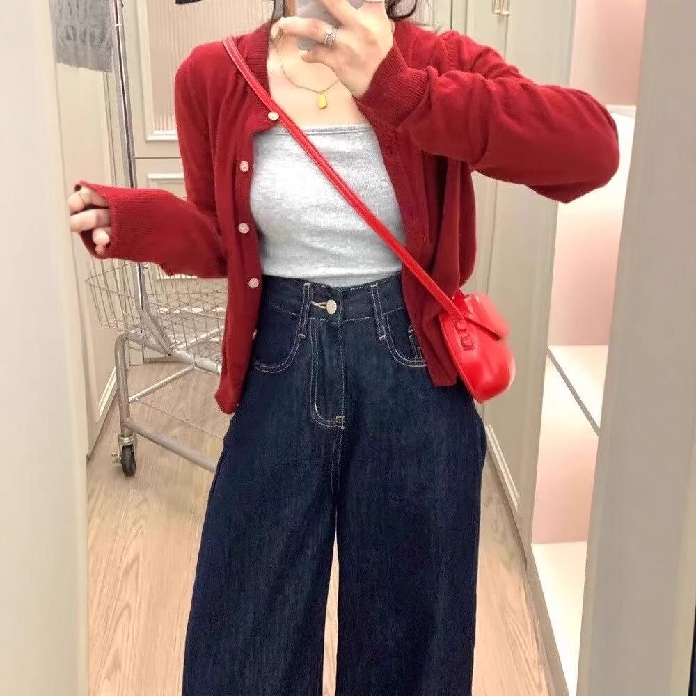 2025 A/W Women's Plus Size High Waist Micro Flare Dark Blue Jeans - Floor Length