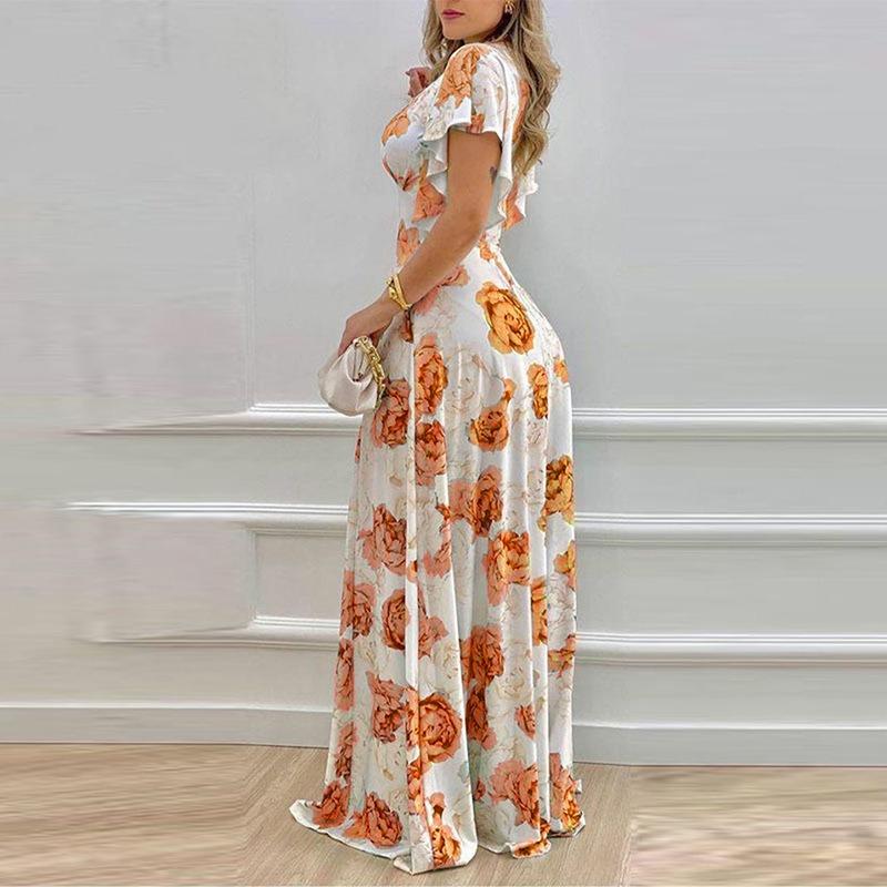 Women's Clothing, V-neck, Cinched Waist, Printed, Large Hem, Dress