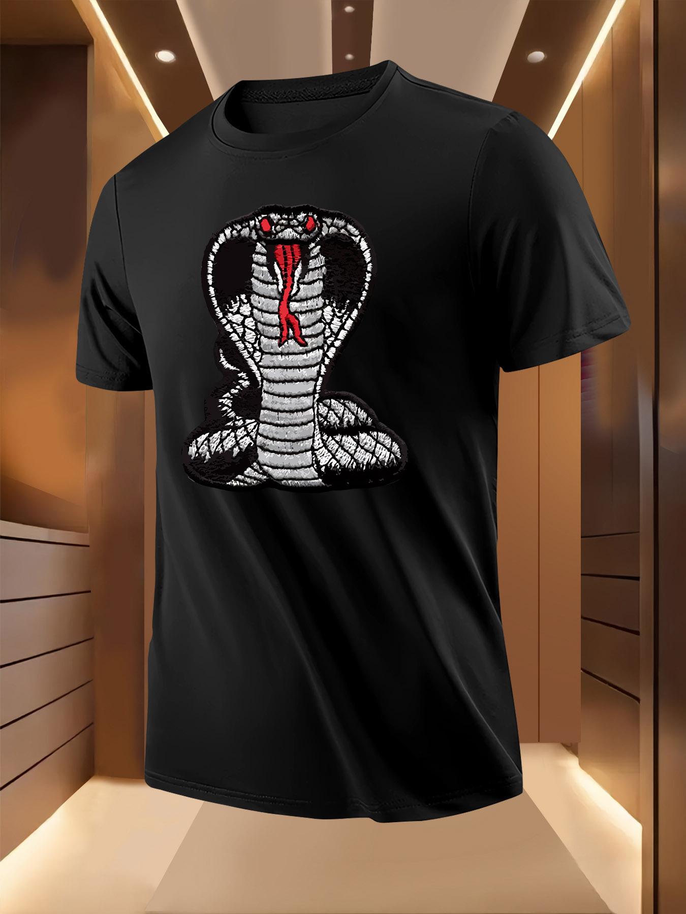 Black Tshirt with Bold White Red Embroidered Cobra Print ... M