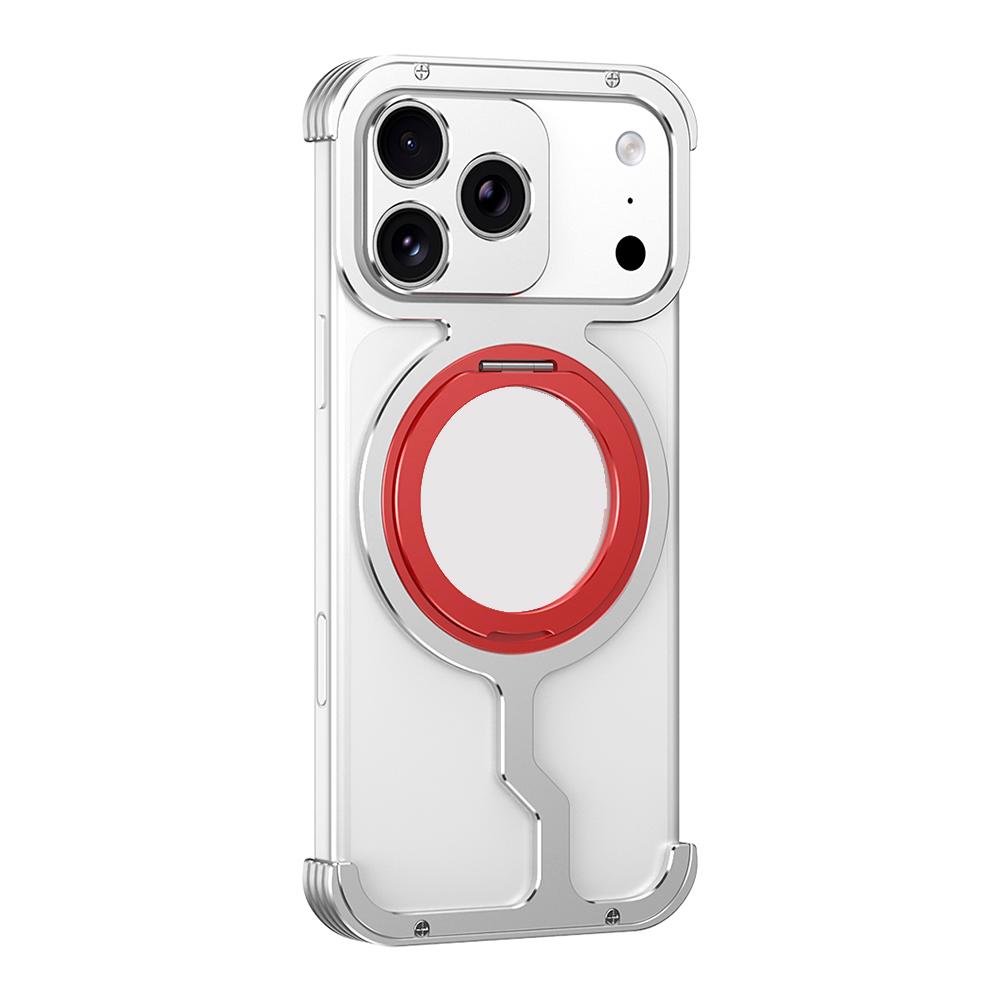 For iPhone 17 Pro Metal Case Rotating Kickstand Heat Dissipation Frameless Phone Bumper Cover with Lens Protector