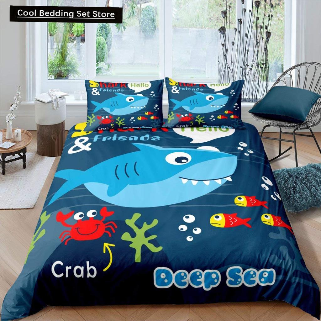 Kids Cartoon Ocean Animal King Queen Bedding Set Underwater World Duvet Cover Marine Life Quilt Cover Polyester Comforter Cover