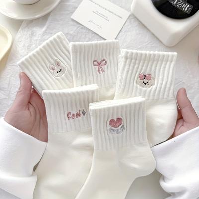5-Pack Dames Sokken met Hartjes Strik, Modieus Minimalistisch Hartjes Strik Ontwerp voor Lente en Herfst! Schattige Patronen op de Kleine Witte Sokjes