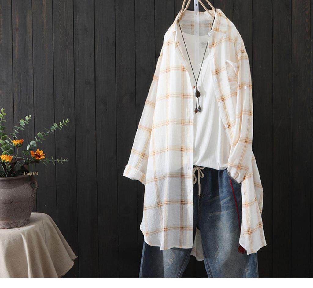 2024 Korean Style Women's Mid-Length Plaid Sunscreen Shirt - Lightweight Summer Jacket