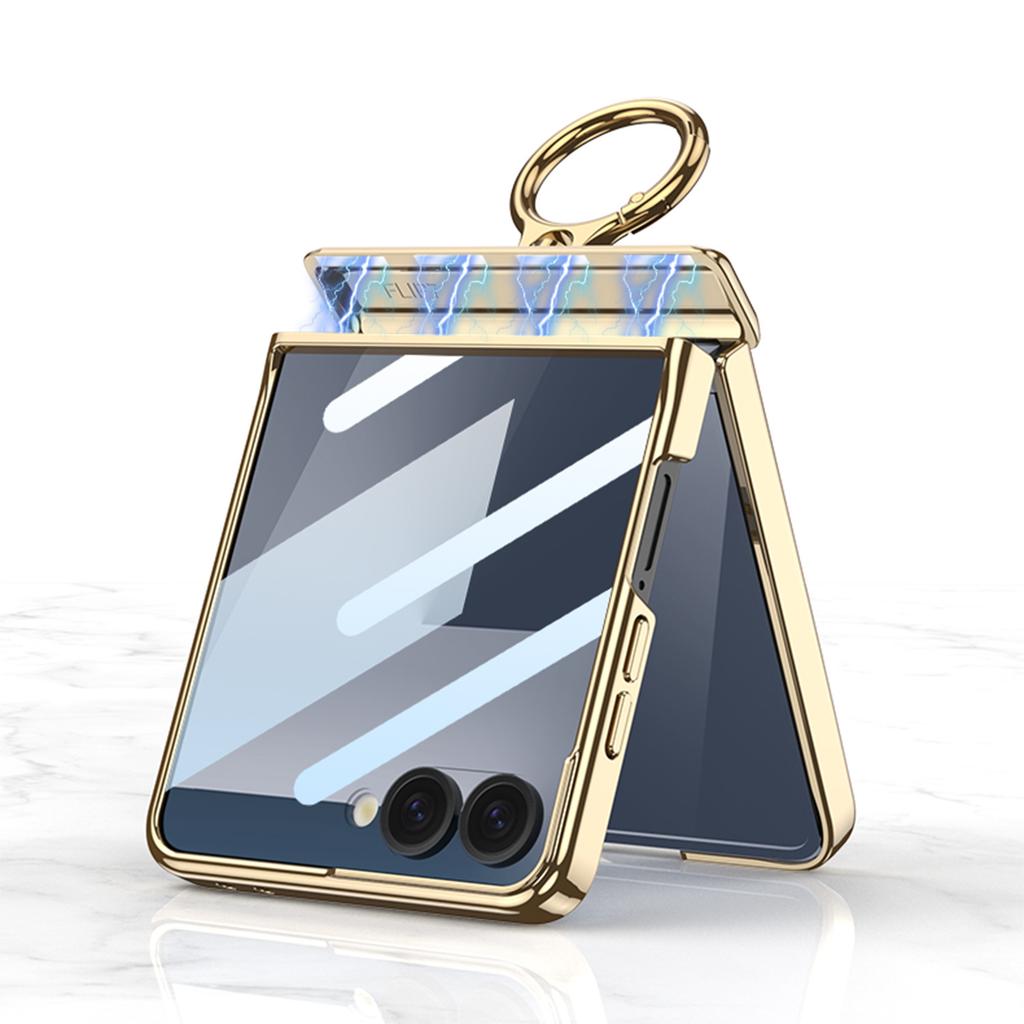 Suitable for Samsung Z Flip7 Mobile Phone Case Magnetic Folding Hinge Plain Leather Pc Electroplate Finger Ring Holder Shell Film Full Packaging
