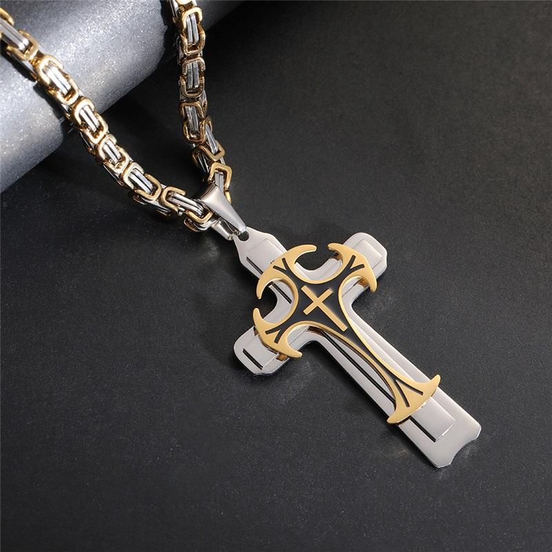 Titanium Steel Long Necklace European And American Domineering Pattern Three Layer Cross Pendant Necklace