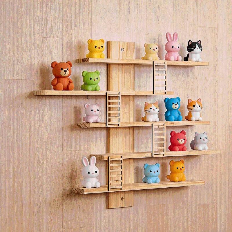 Wooden Wall Mounted Organizer For Dolls And Action Figures Natural Finish Home Decoration Display Rack