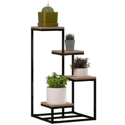 Étagère à plantes à 4 niveaux, Acier et Bois, 40x40x75,5 cm, Marron et Noir