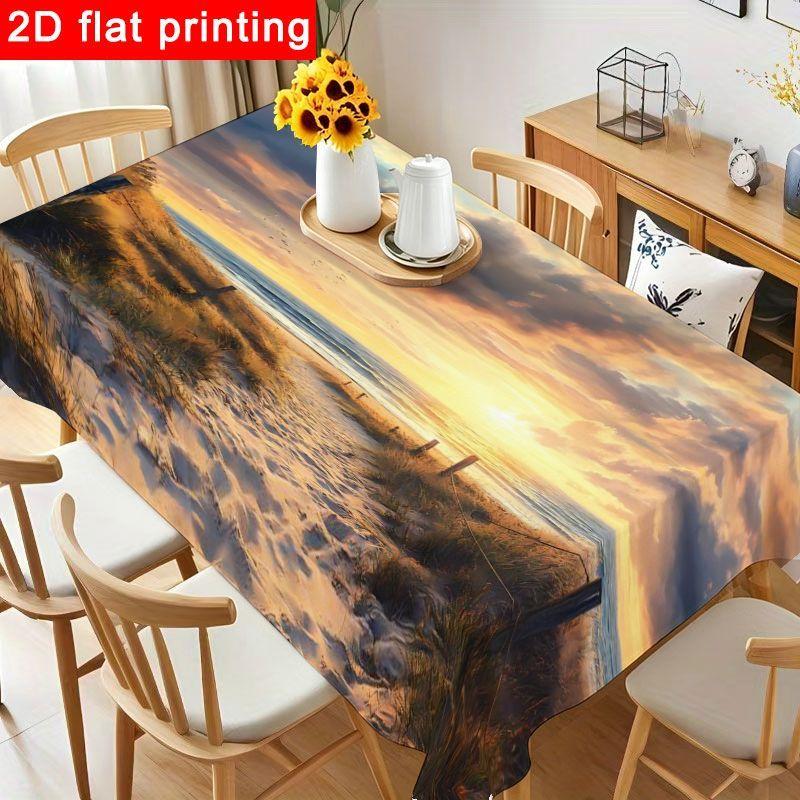 1pc Coastal Sunrise Tablecloth - Serene Ocean View Table Cover, Reusable & Easy to Clean for Beach-Themed Party Decorations, Gatherings & Outdoor Even