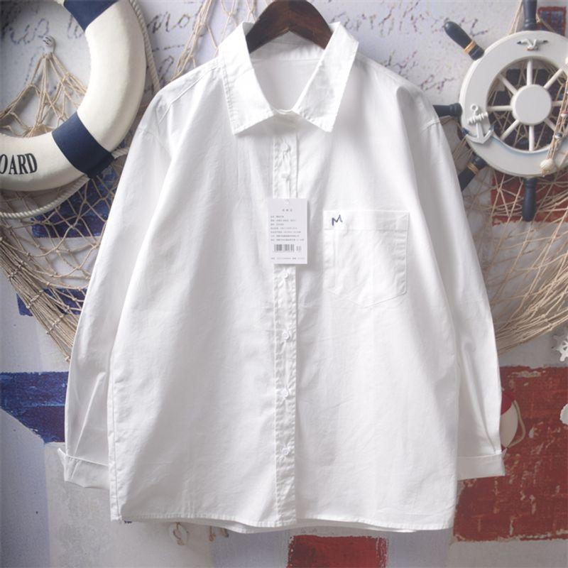 

Soft Girl College Style Loose Cotton Long Sleeve Embroidery White All yards