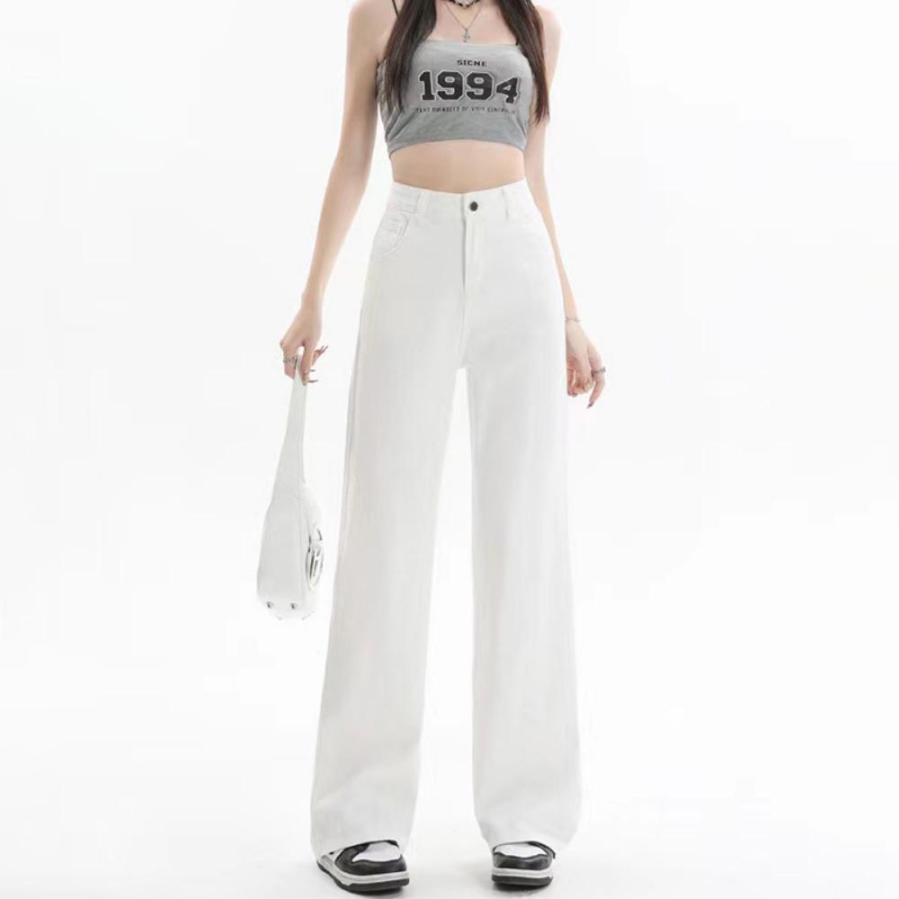Korean version of simple high-waisted loose wide-leg jeans women's spring and autumn new casual versatile drape straight pants