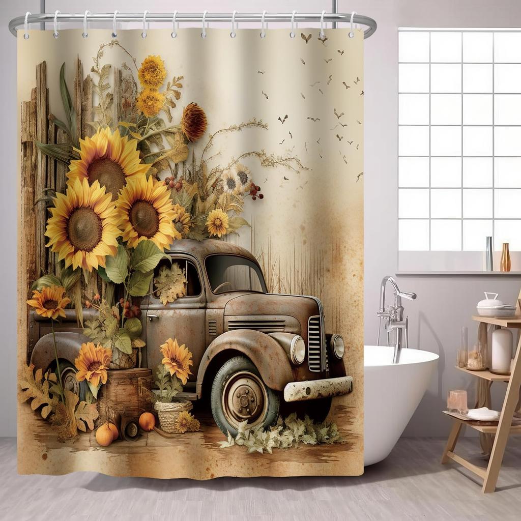 Pink Truck Rose Shower Curtain Car With Pink Flower Floral Fabric Shower Curtains Fashion Woman Girl Shower Curtin Bathroom
