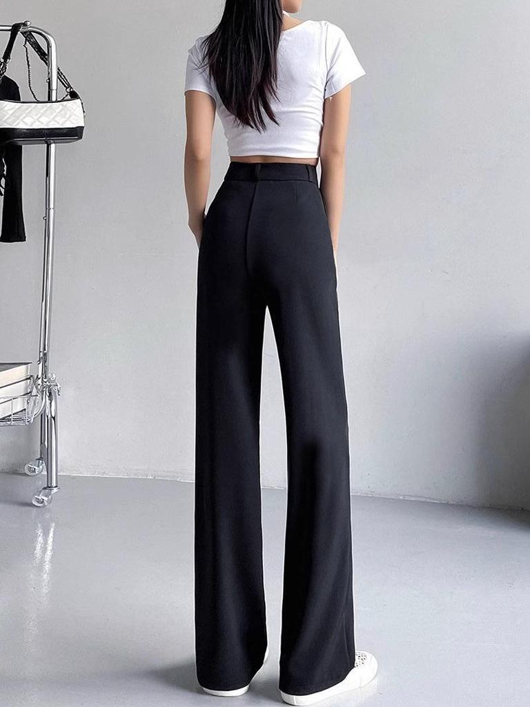 2025 Spring Women's High-Waist Slimming Black Wide-Leg Pants - Petite, Floor-Length Straight-Leg Design
