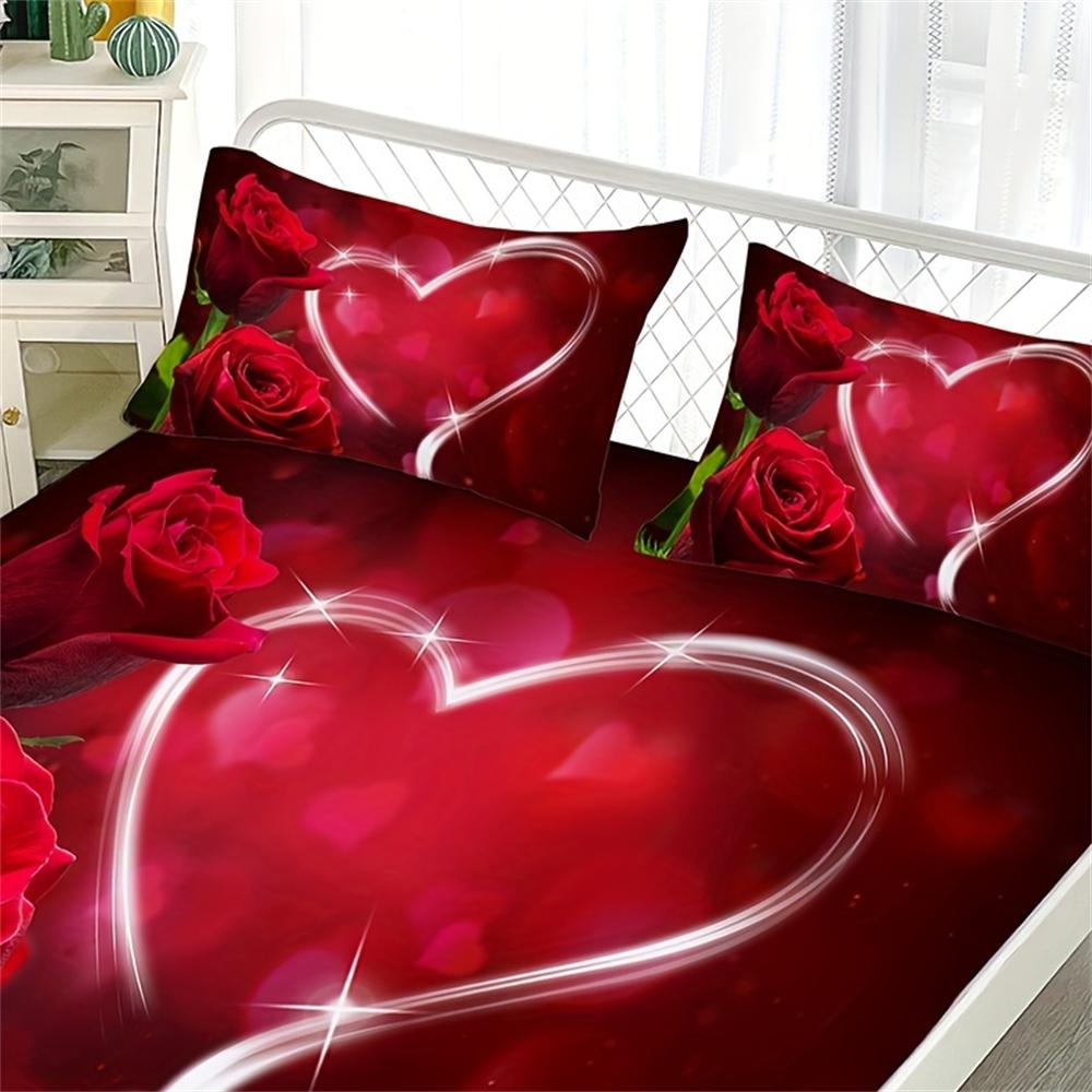 3pcs Romantic Rose Love Print Fitted Sheet Set, Soft Comfortable Breathable Bedding Mattress Protector Set, For Bedroom, Guest