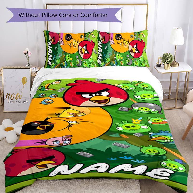 3pcs Custom Name Angry Birds game Bedding Set Duvet Cover Closure Includes 1 Duvet Cover & 2 Pillowcases for All Seasons Bedroom Decor
