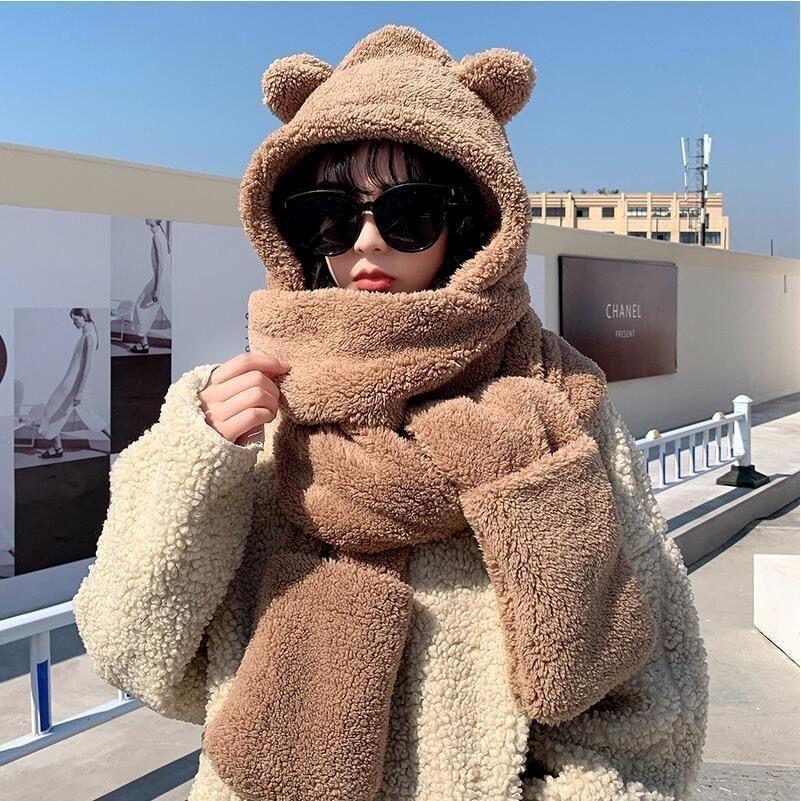 Plush Bear Hat Scarf One-piece Women's Winter Scarf Winter Versatile Cycling Warmth Beanies Caps with Plush Ear Protection Hood