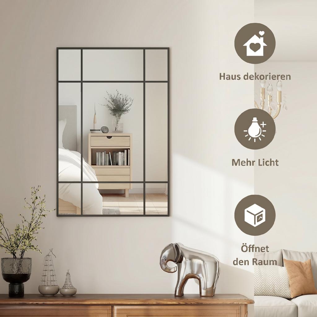 Wall Mirror, Decorative Mirror with Metal Frame, Black Stripes, Multi-Layer Glass, 90W X 2D X 60H Cm
