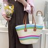 Polyester Shopping Straw Bag Lightweight Summer Beach Handbag Stripe Woven Tote Bag  School