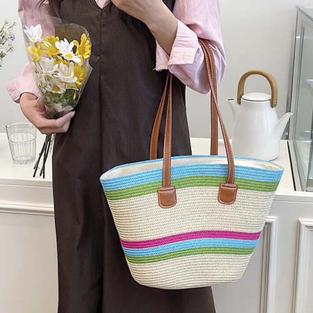 Polyester Shopping Straw Bag Lightweight Summer Beach Handbag Stripe Woven Tote Bag  School