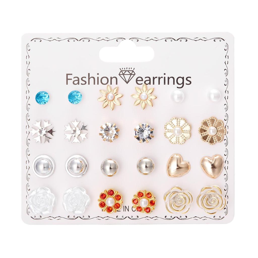 12-Pair Rhinestone Stud Earrings Set: Flower, Heart, Star & Moon Designs