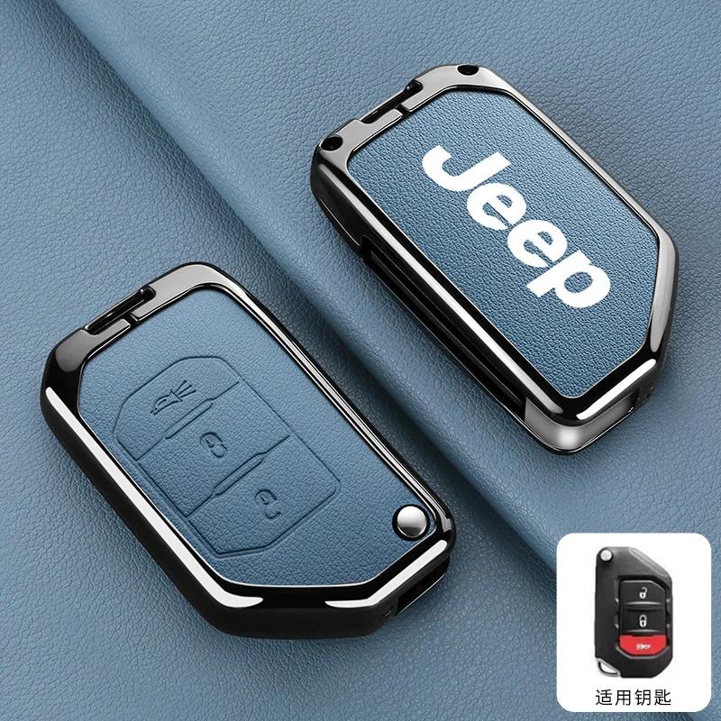 For Jeep Metal Leather Car Key Case Cover Shell Keychain for Jeep Wrangler Gladiator JL JLU Rubicon Sahara JLU JT 2018-2022 A