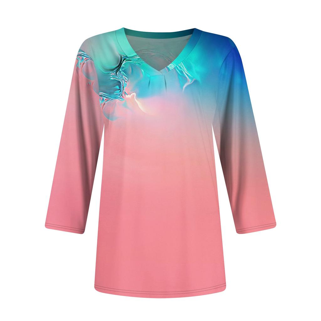 Women's Casual V-neck Gradient Print Three-quarter Sleeve Fashion Top
