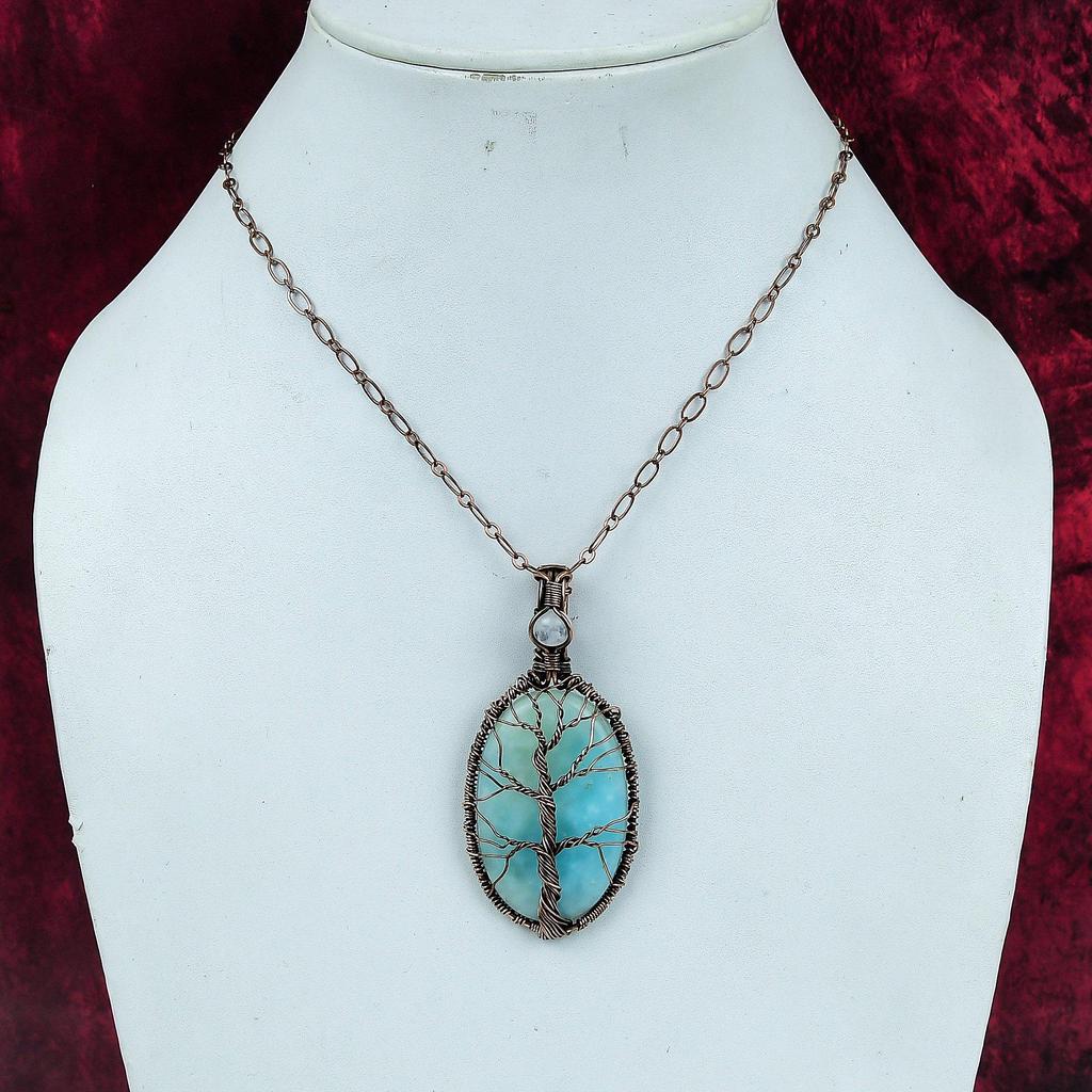 Tree Of Life Hemimorphite Pendant Copper Wire Wrapped Rainbow Moonstone Pendant