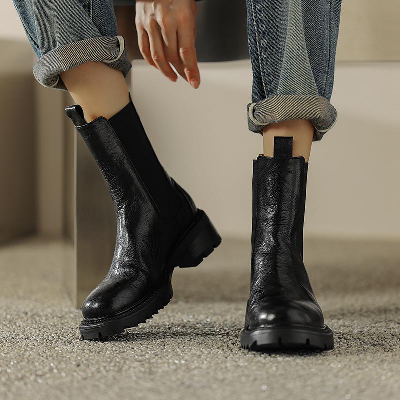 Krazing Pot Cow Leather Autumn Winter Shoes Round Toe Platform Plus Size Basic Clothing Thick Med Heels Slip On Chelsea Boots Women Ankle Boots