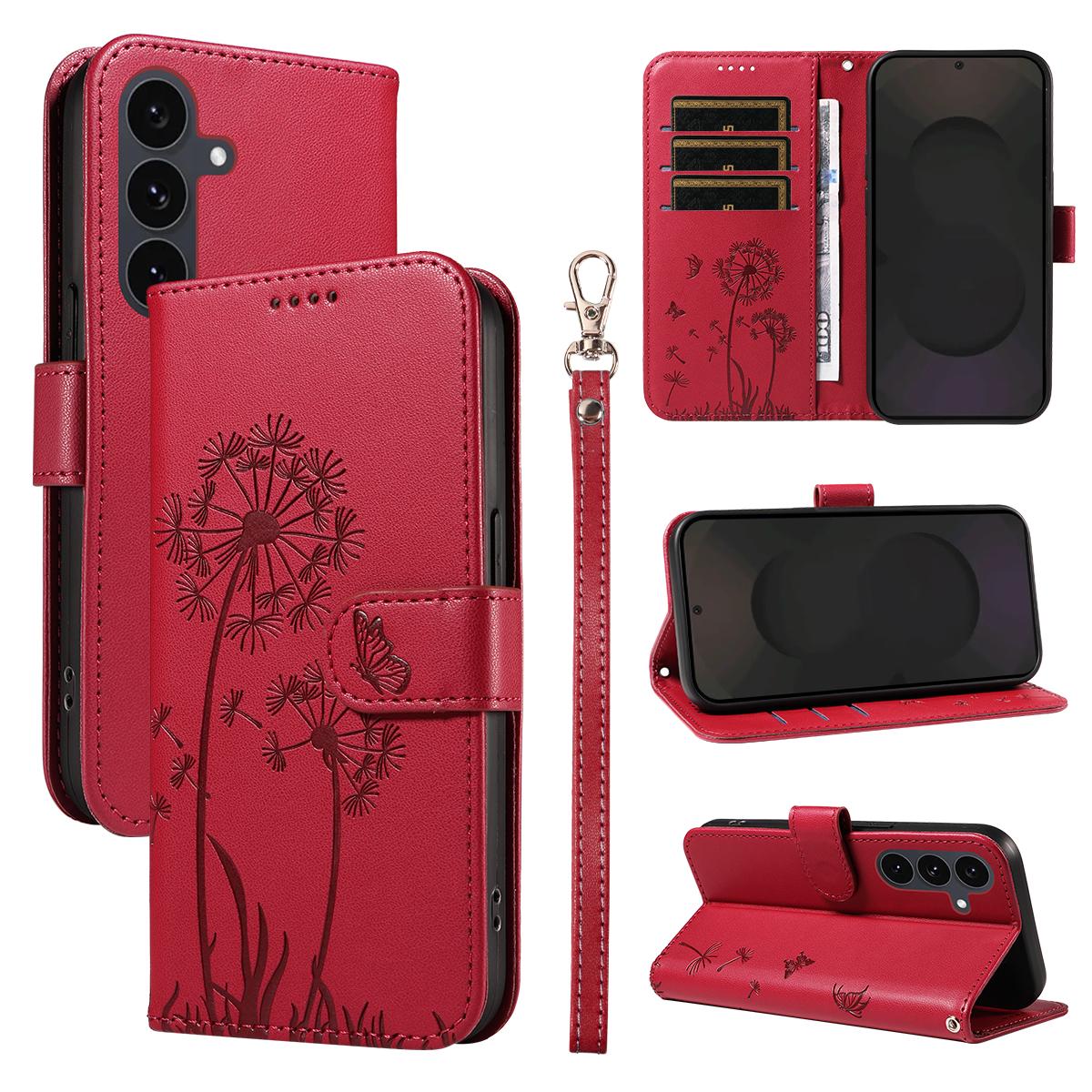 

For Samsung Galaxy S25 FE Leather Wallet Case with Strap Dandelion Imprint Phone Stand Cover Red