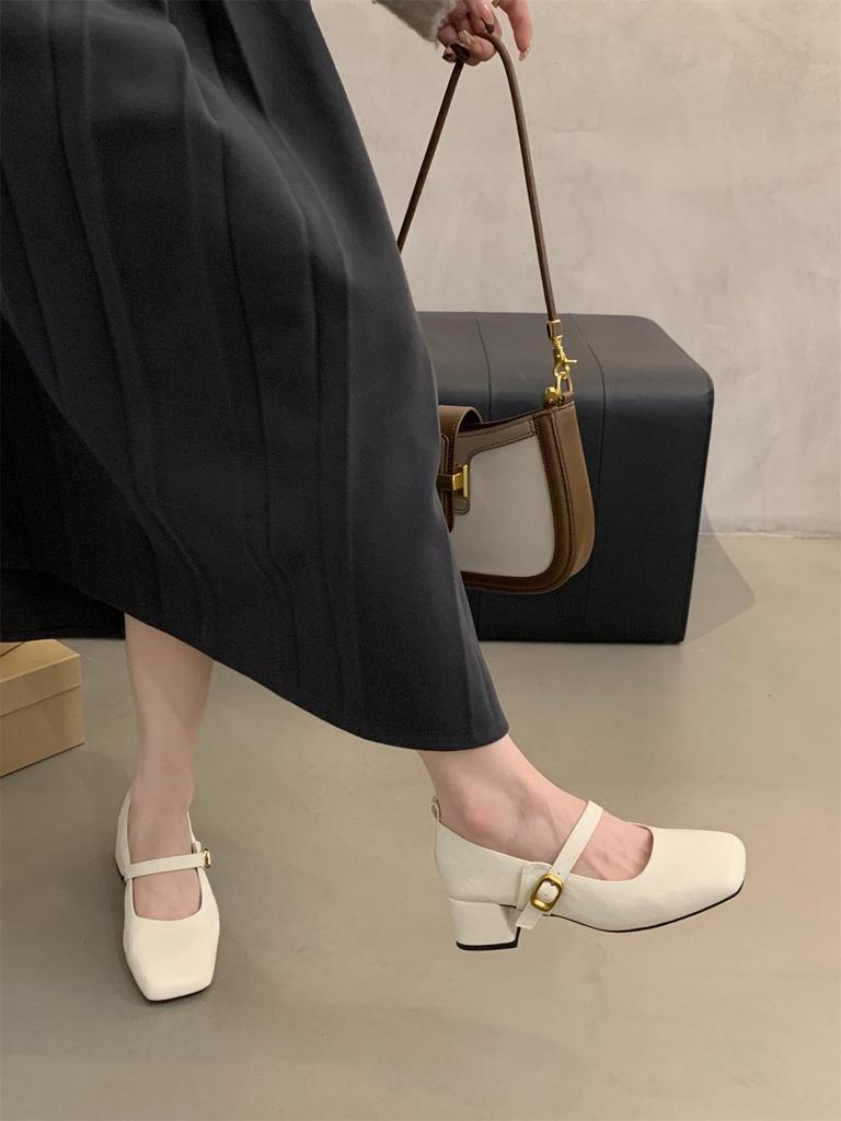 French Retro Square Toe Mid-Heel Mary Jane Shoes for Women - Elegant Spring & Autumn Style with a Chunky Heel and Fairy Aesthetic
