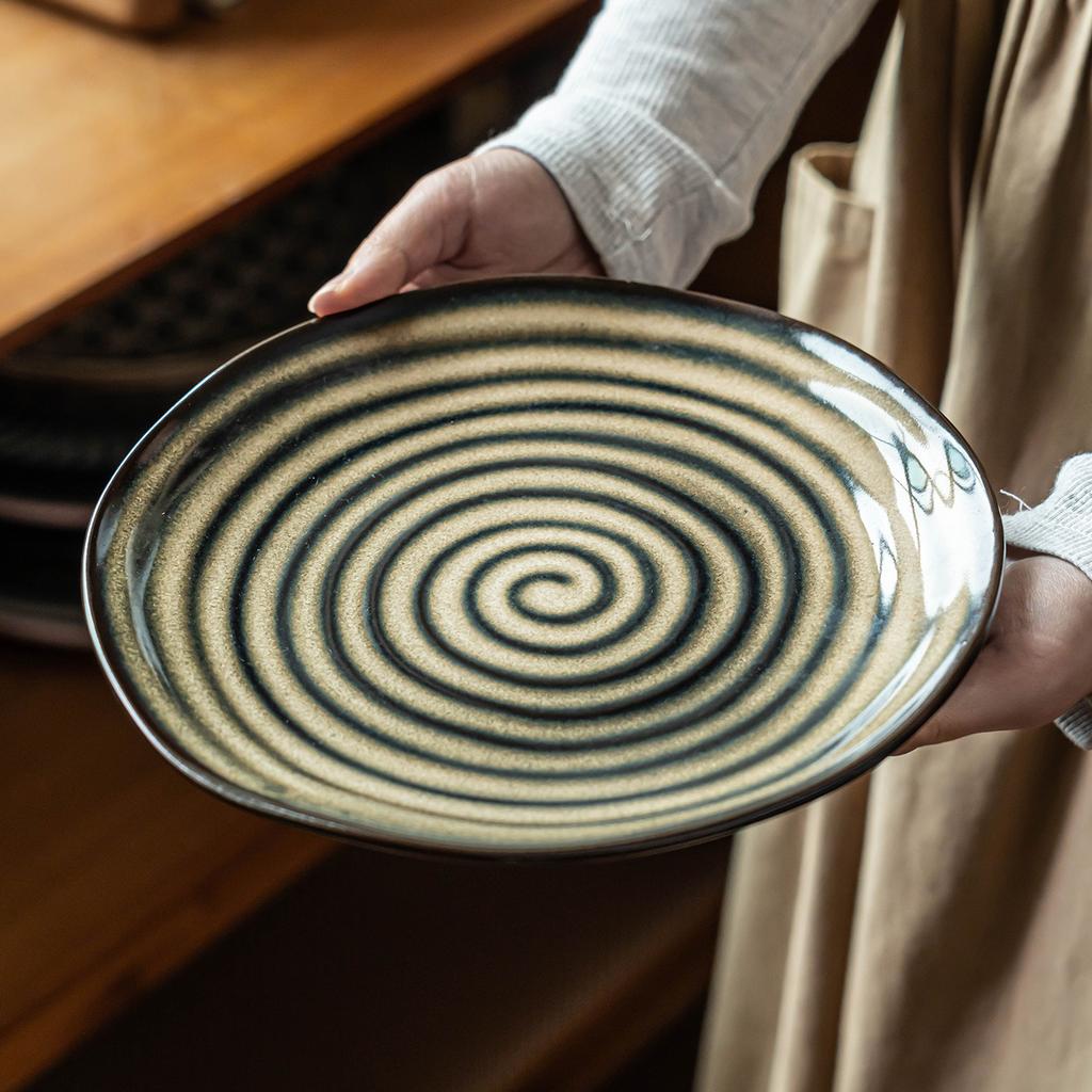 Retro Spiral Pattern Ceramic Plate Household Dinner Plate Niche Plate Special-Shaped Plate Dessert Plate Restaurant Tableware Commercial