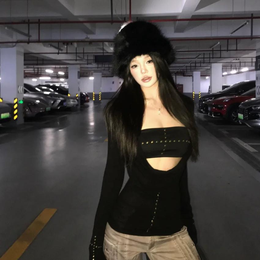 Y2k Punk Two Pieces Tops Irreugal Rivet Tops + Sleeveless Tank Streetwear Americal Retro 90s Black Tee Tops E-girls