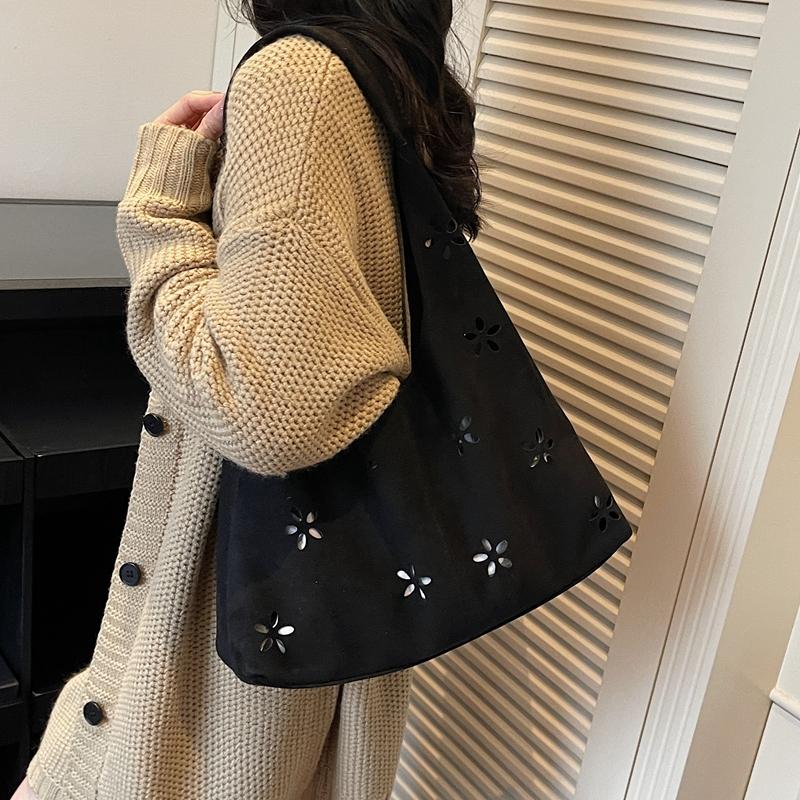Floral Cutout Suede Hobo Bag with Open Top Design Large Capacity Fashion Shoulder Bag