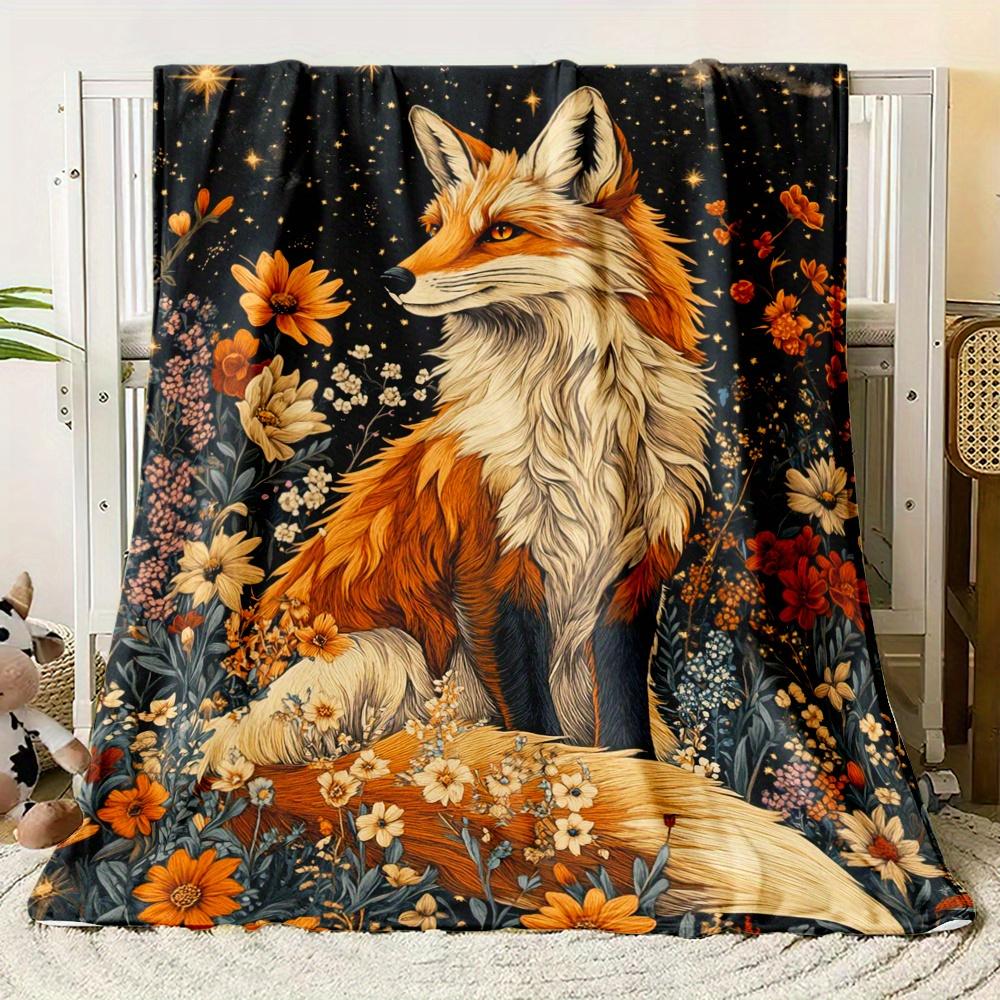 Custom Fox Blanket Red Fox Stars Orange Flowers Night Sky Design Personalized Name Fleece Throw All Season Soft Warm Bedding 75X95CM