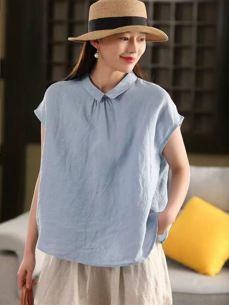 

Johnature Women Vintage Summer Shirts Solid Color Turn-down Collar Sleeveless Tops Casual Female Shirts One Size светло-синий