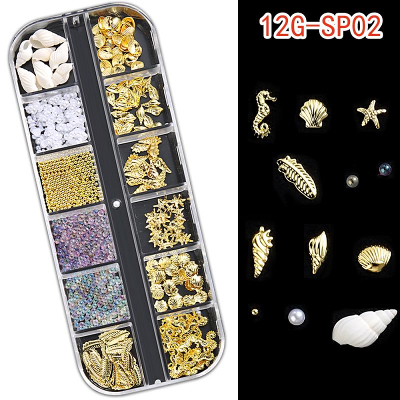1 Box Metal Summer Ocean Nail Art Charms 3D Shell Starfish Seahorse Pearl Beads Alloy Nail Jewelry Mixed Manicure Studs Decor
