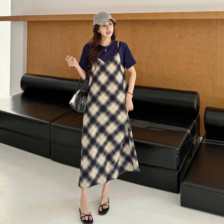 DIMANAF Women 2025 New Summer Plus Size Casual Plaid Short Sleeve Dress Basic Loose Long Dress Maxi