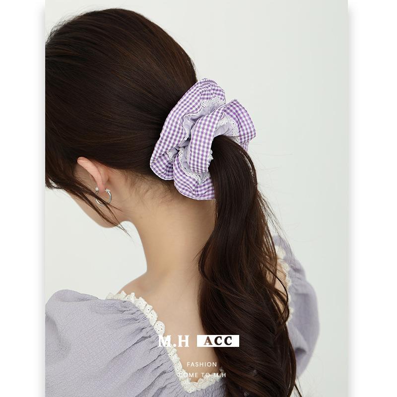 2025 New Korean Version Plaid Color Matching Lace Polka Dot Large Intestine Hair Band Sweet, Fresh and Simple Versatile Headrope Wholesale