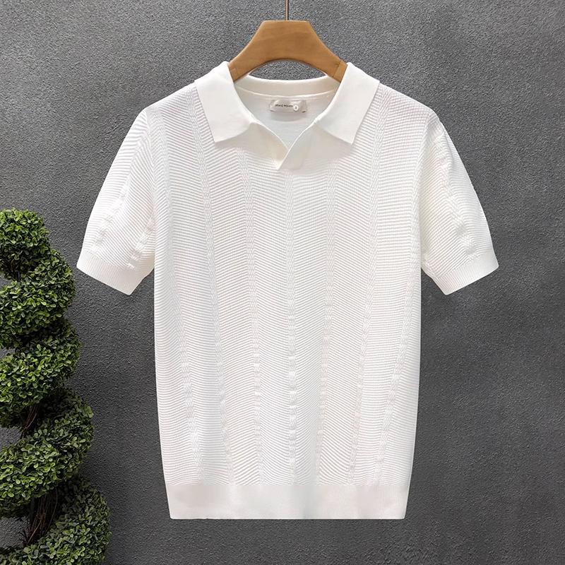 

Американская ретро свободная текстурная трикотажная рубашка поло для мужчин летняя ретро футболка с отложным воротником дышащая в стиле old money с коротким рукавом M темно-синий