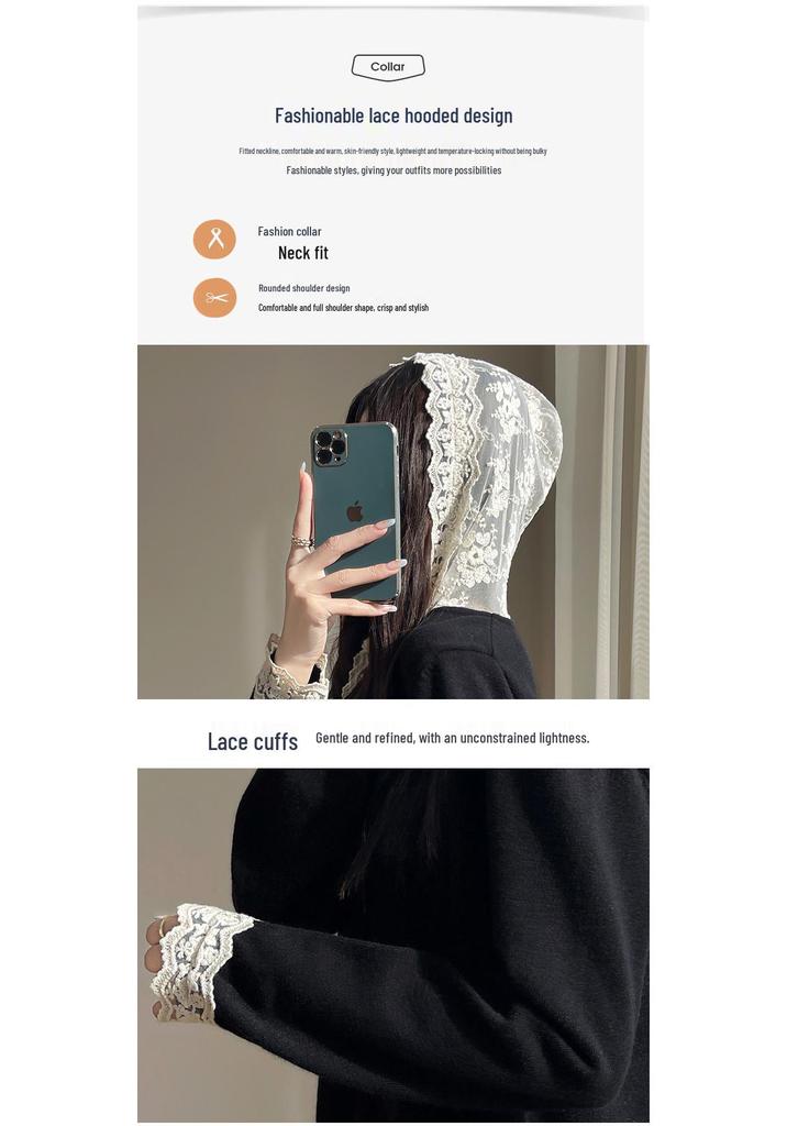 Women's Velvet Lace Design Hooded Knit Sweatshirt - Slimming Gentle Style