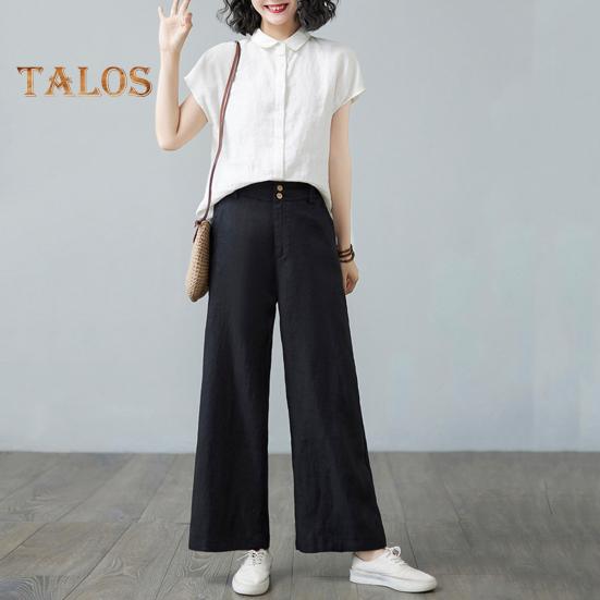 Women Casual Pants Elastic High Waist Buttons Zipper Fly Long Trousers with Pockets Solid Color Straight Wide Leg Slacks Daily Wear