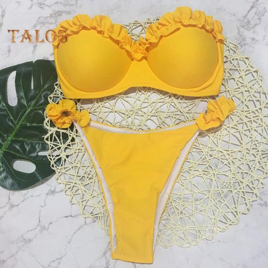 2 pièces/ensemble femmes été Bikini ensemble Bandeau à volants garniture soutien-gorge mi-hauteur slips ensemble Push Up maillot de bain fendu conception maillot de bain